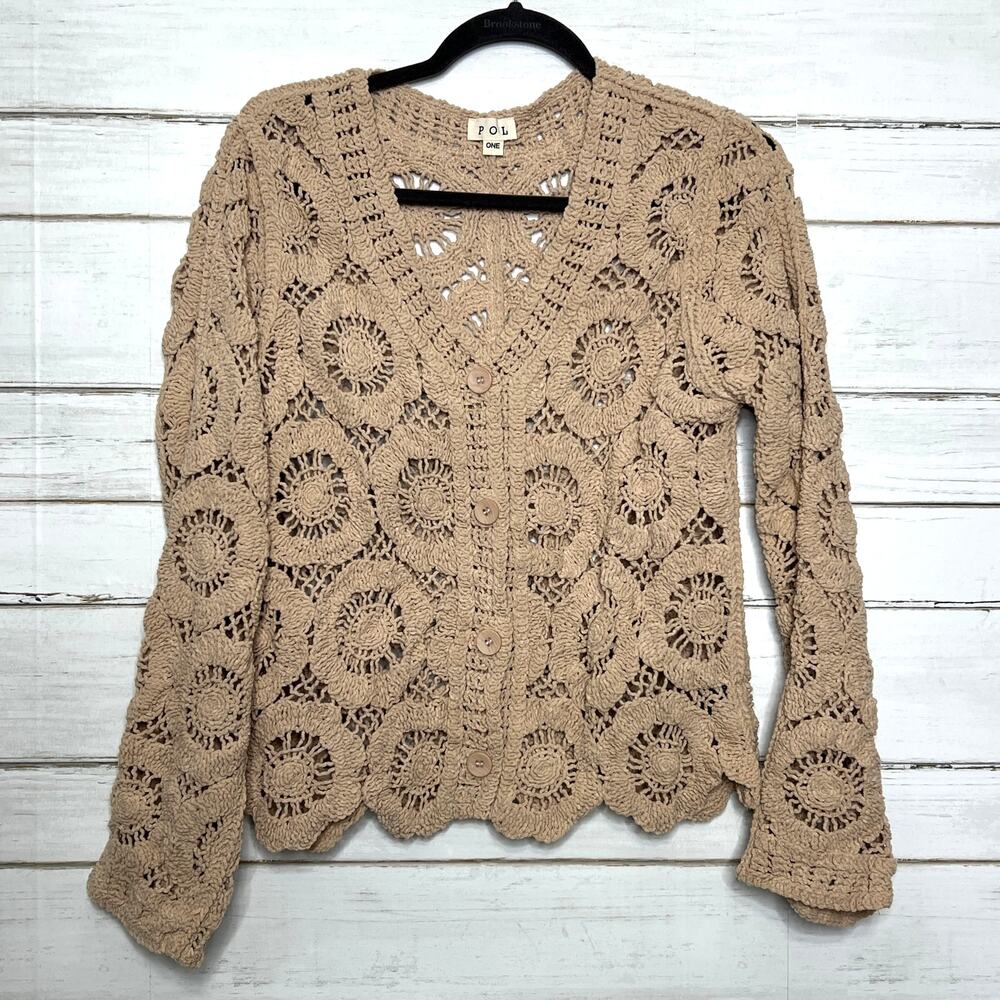 POL Crochet Cardigan Tan Boho Floral Button Front Open Knit Sweater Medium - Picture 2 of 10